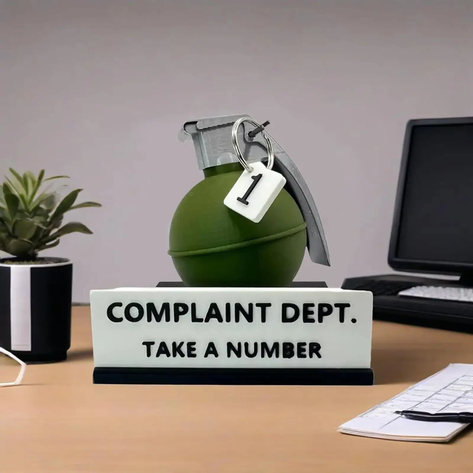 3D printed Complaint Department desk sign funny office decor on a desk