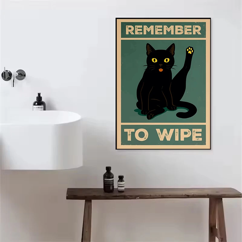 Funny Black Cat Toilet Humor Poster - Quirky Bathroom Wall Art