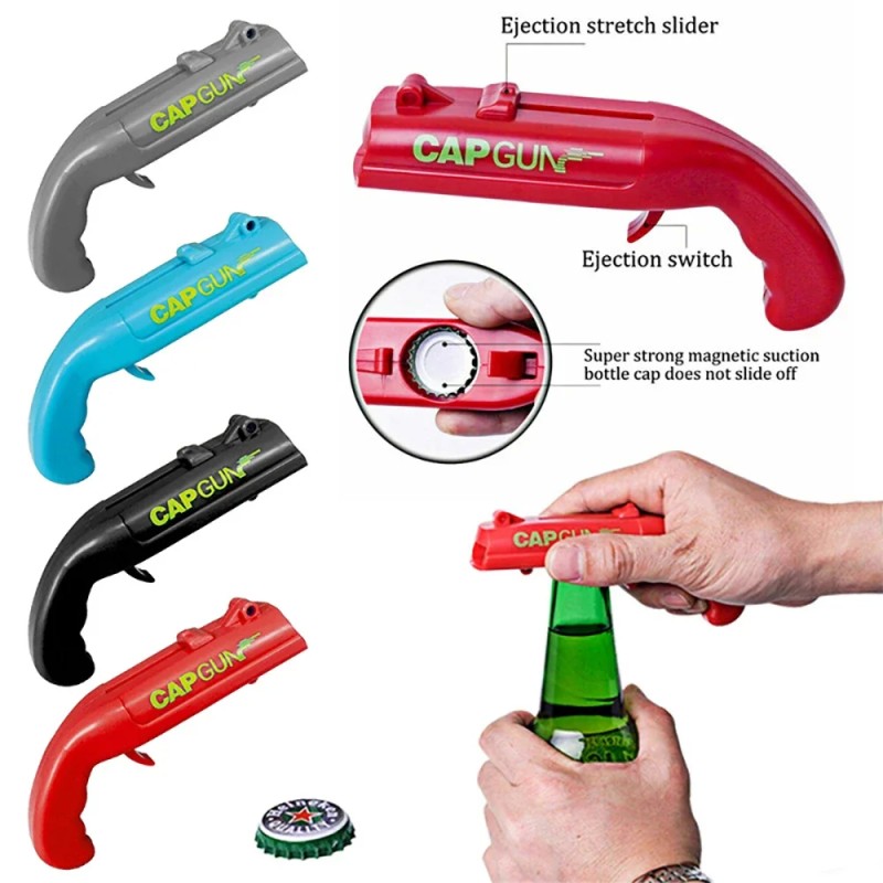Cap Gun Bottle Opener - Portable Beverage Launcher
